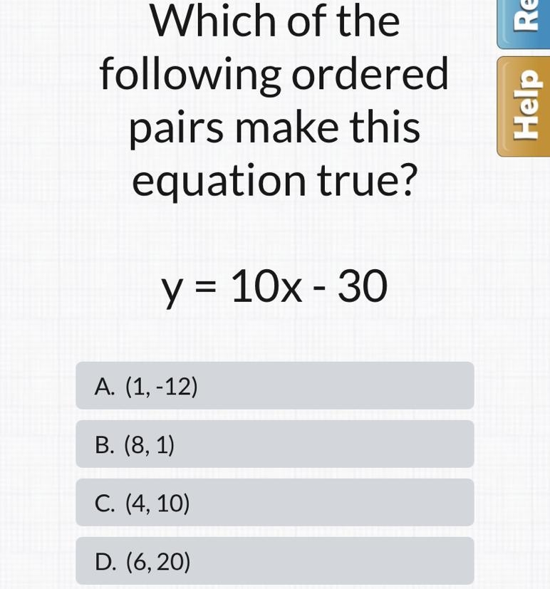 Which of the following ordered pairs make this equation true? y = 10x - 30-example-1