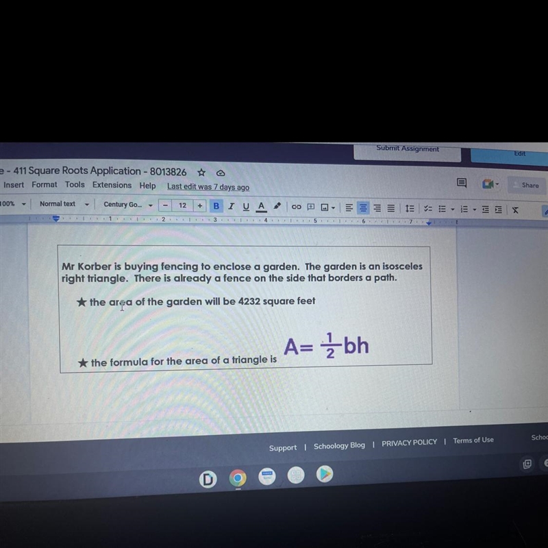 Rewrite the area formula with the info given from the problem then find the value-example-1