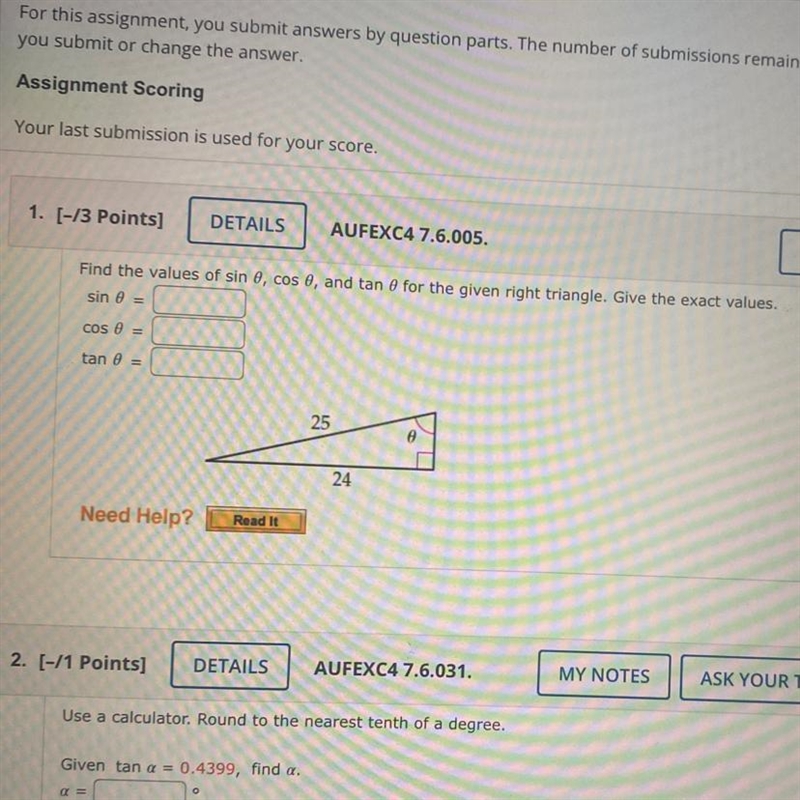 Find the values of sin, cos, and tan for the given right triangle. Give the exact-example-1