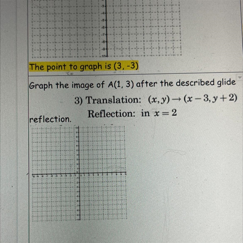 Graph the image of A(1,3) after the described glide3) Translation: (x, y) = (x – 3, y-example-1