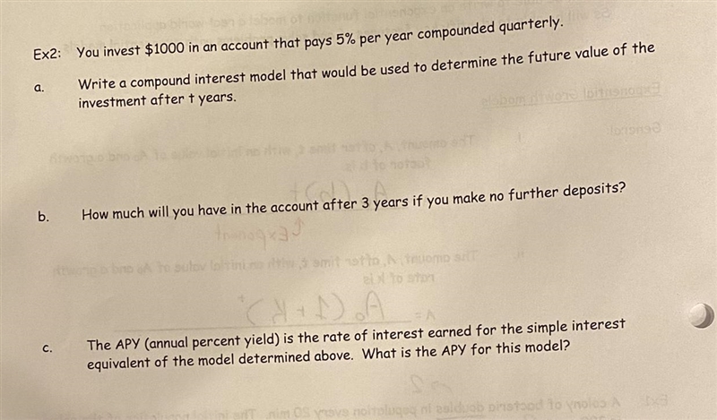 Ex2: You invest $1000 in an account that pays 5% per year compounded quarterly.a. Write-example-1