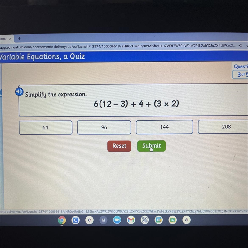 Simplify the expression. 6(12-3) + 4 + (3 x 2)-example-1