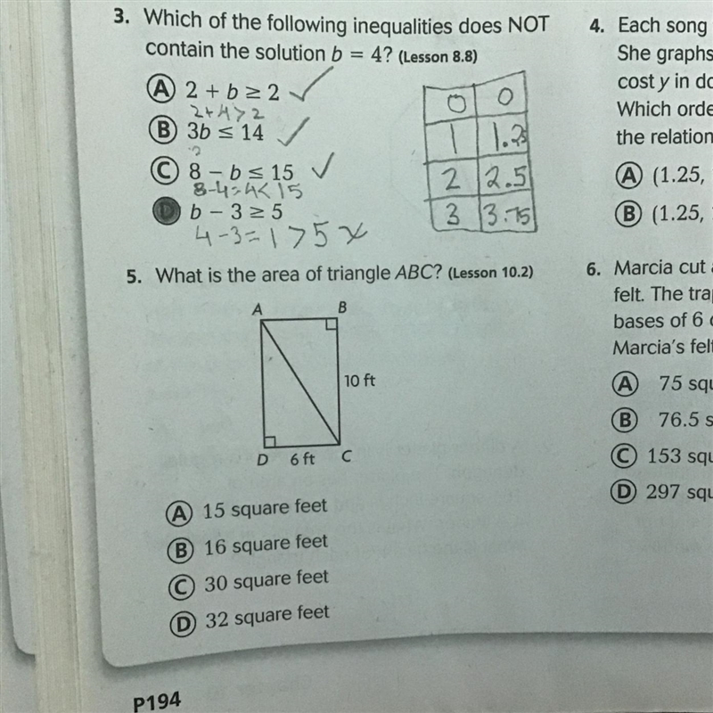 5. What is the area of triangle ABC? (lesson 10.2)AN10 ftD 6 ftСA 15 square feetB-example-1