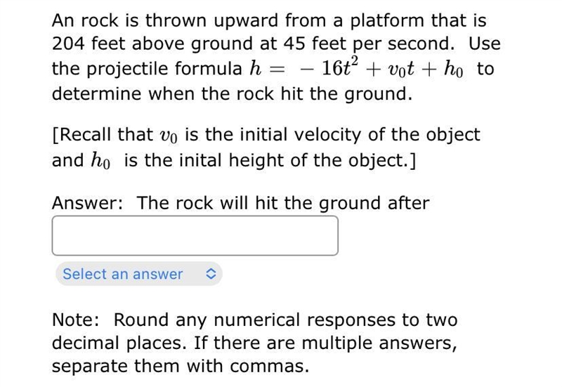 An rock is thrown upward from a platform that is 204 feet above ground at 45 feet-example-1