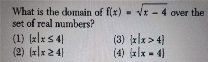 What is the domain of f(x) = √x – 4 over the set of real numbers?​-example-1