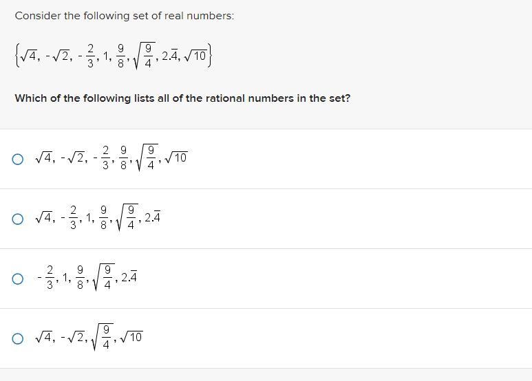 Please help!! Very much appreciated!! Consider the following set of real numbers. Which-example-1