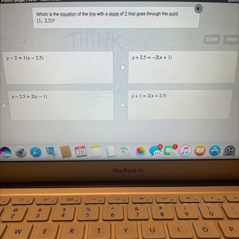 Which is the equation of the line with a slope of 2 that goes through the point (1,2.5)-example-1