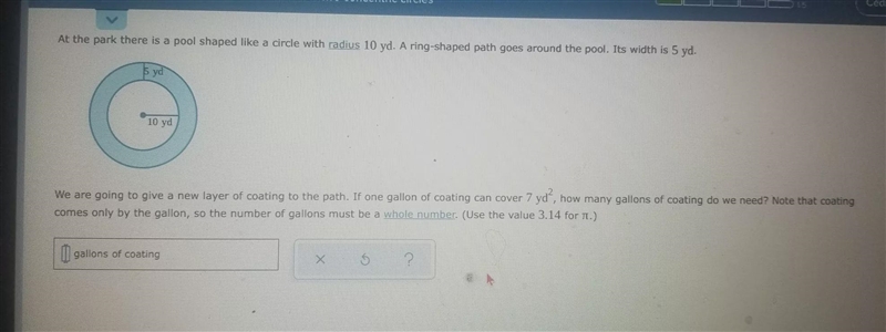 At the park there is a pool shaped like a circle with radius 10 yd. A ring-shaped-example-1