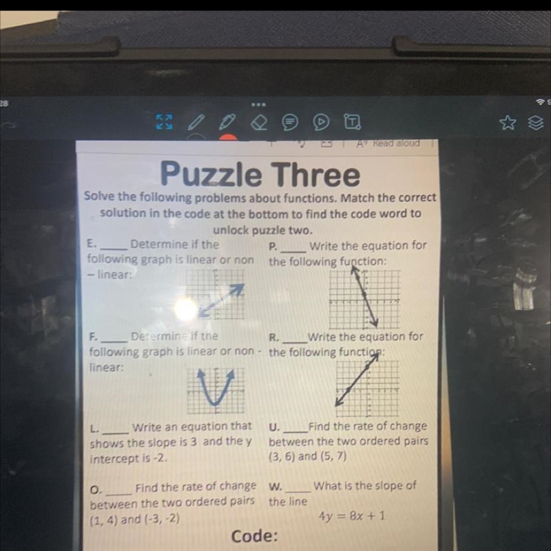 7W FEW DOWO Puzzle Three Solve the following problems about functions. Match the correct-example-1