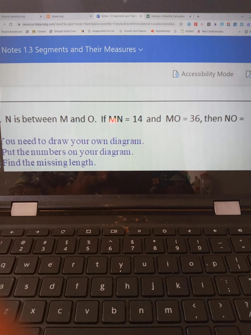 N is between m and o if mn =14 and mo =36 then no = what-example-1