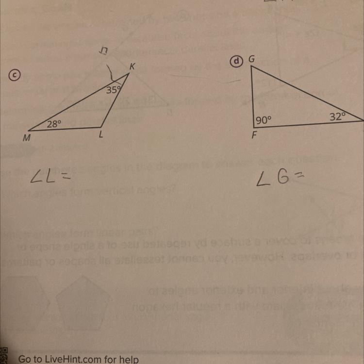 Determine the measure of the unknown angle in each triangle c and d-example-1