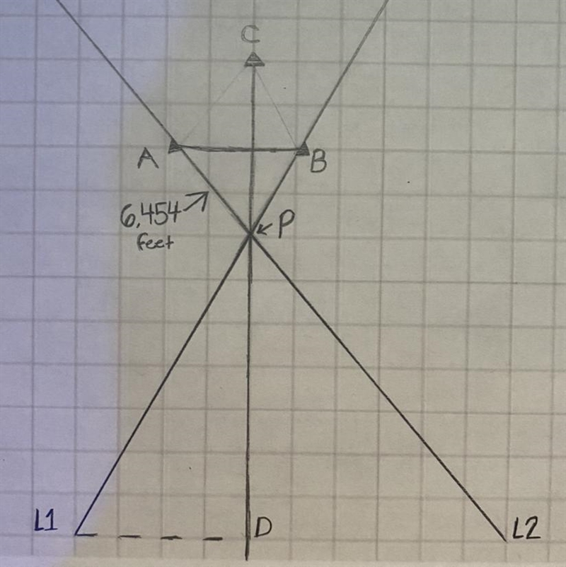 Help Please!!!! What is the distance from the hazard buoy P to the southern landmark-example-1