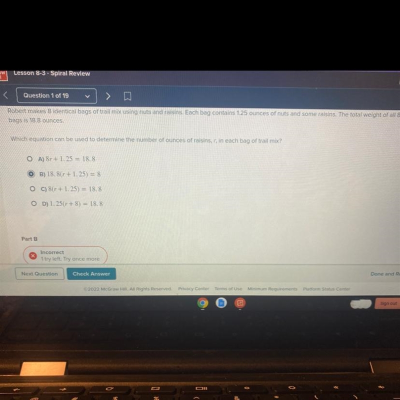 Which equation can be used to determine the number of ounces of raisins,r, in each-example-1