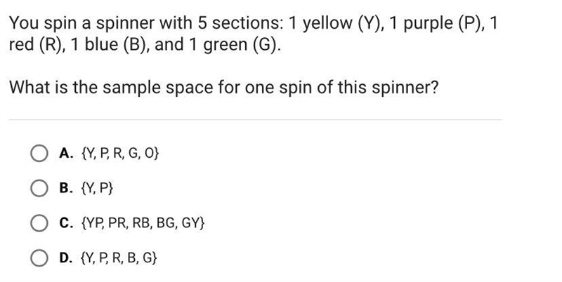 You spin a spinner with 5 sections: 1 yellow (Y), 1 purple (P), 1red (R), 1 blue (B-example-1