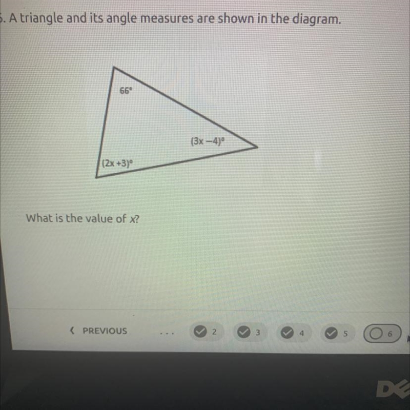 - A triangle and its angle measures are shown in the diagram.66°(3x -4°(2x +3)What-example-1