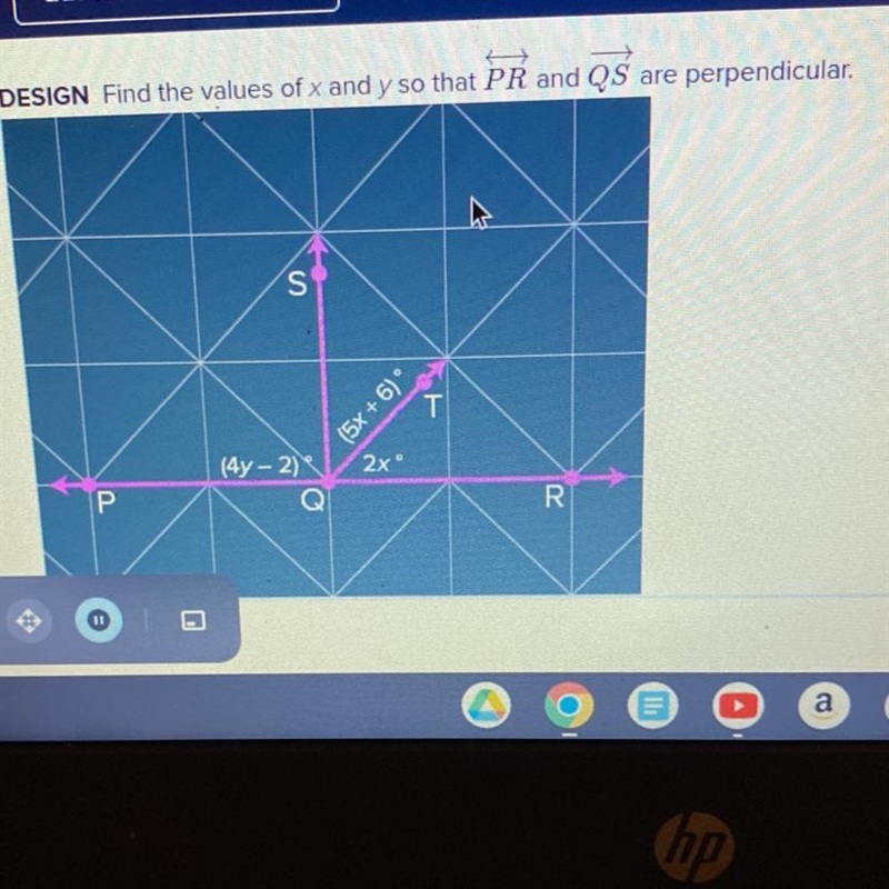 DESIGN Find the values of x and y so that PR and QS are perpendicular. 11 P J S (4y-example-1