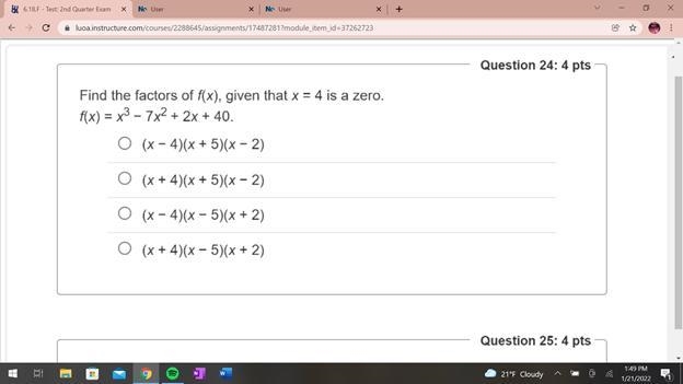 Find the factors of f(x), given that x = 4 is a zero.f(x) = x^3 − 7x^2 + 2x + 40 A-example-1