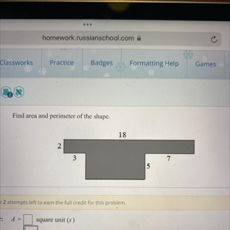 What is the perimeter and area of the shape.-example-1