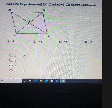 Find AMin the parallelogram if PN=15 and 40=3. The diagram is not to scale. N P o-example-1