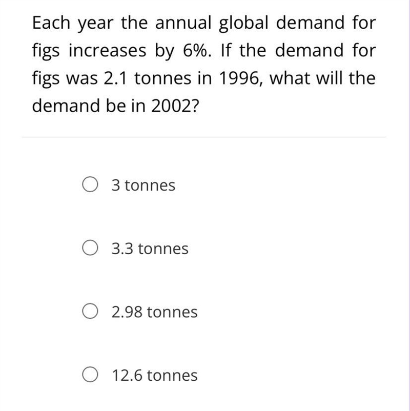 Each year the annual global demand for figs increases by 6%. If the demand for figs-example-1