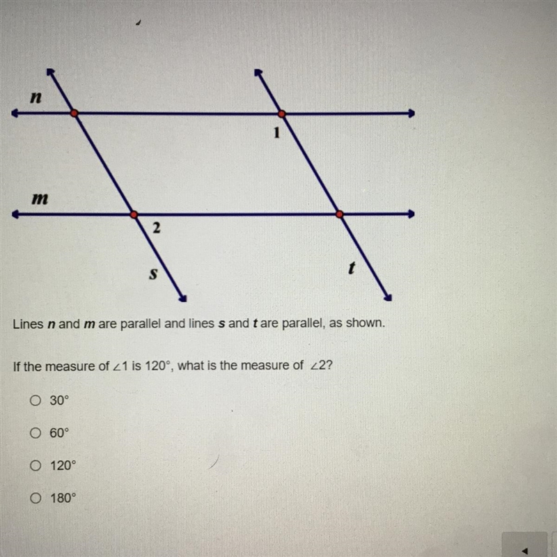 The measure of <1 is 120°, what is the measure of <2?-example-1