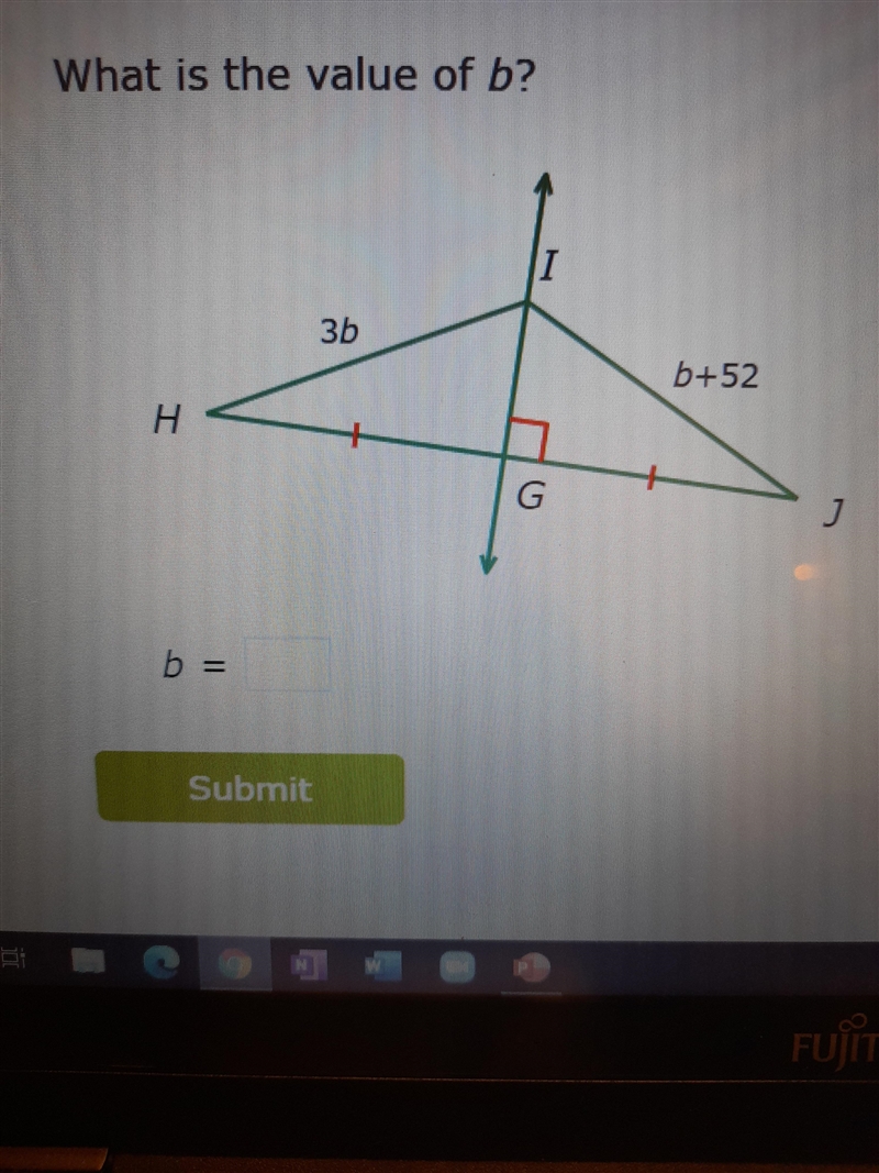 What is the value of b? IT 3b b+52 Н G j b =-example-1