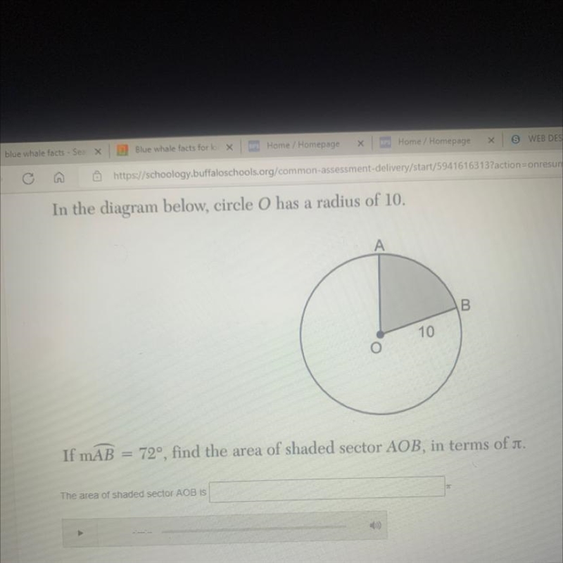 If mAB = 72 degree, find the area of shaded sector AOB, in terms of pi-example-1