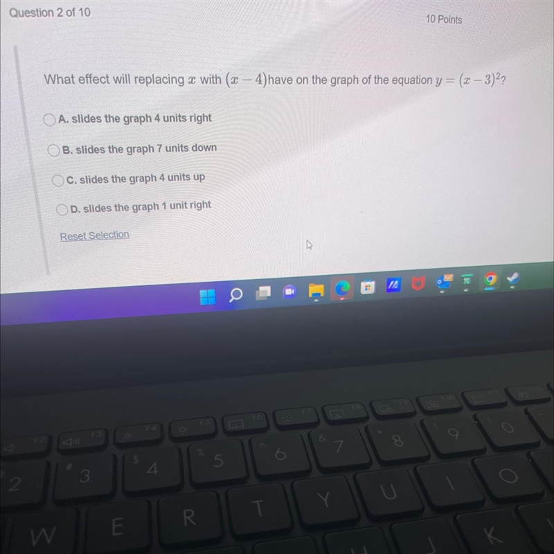 What will effect x with (x-4) have on the graph of the equation y= (x-3)-example-1