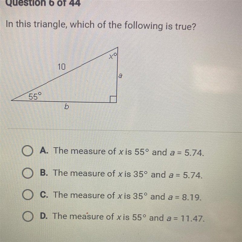 In this triangle, which of the following is true?A. The measure of x is 55° and a-example-1