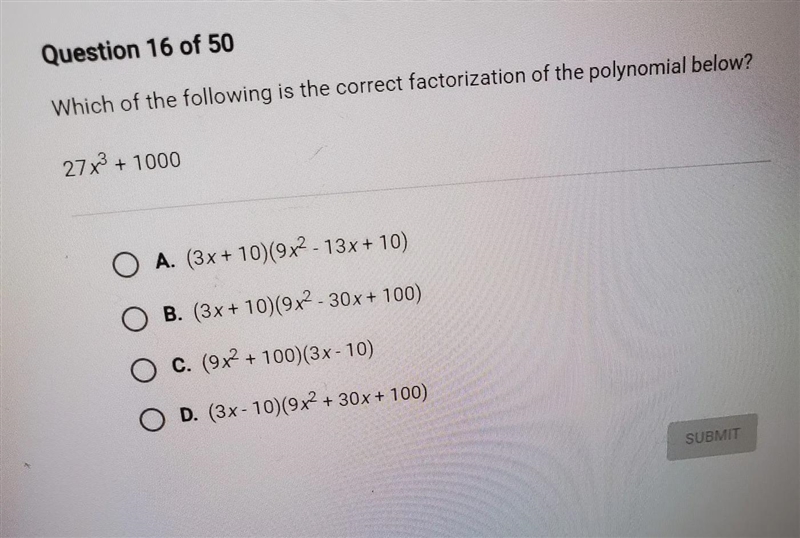 Which of the following is the correct factorization of the polynomial below?27x^3+1000-example-1