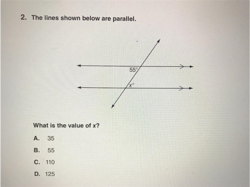 The lines shown below are parallel.What is the value of x?-example-1