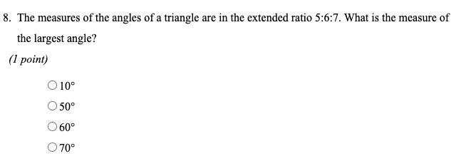 The measures of the angles of a triangle are in the extended ratio 5:6:7. What is-example-1