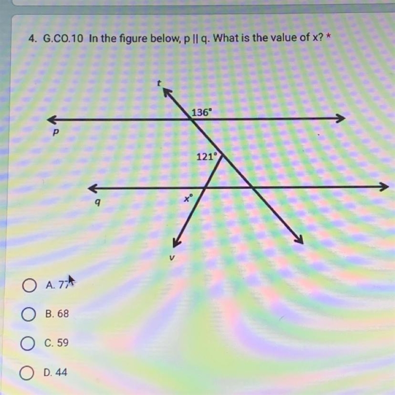 4. G.CO.10 In the figure below, p ll q. What is the value of x? *O A. 7B. 68C. 59OD-example-1