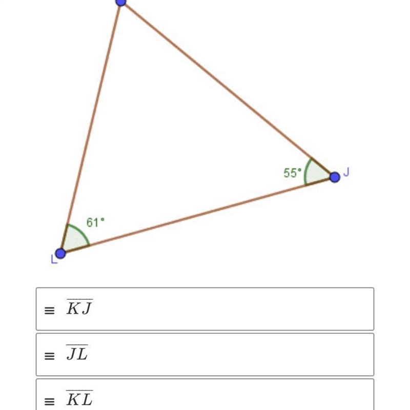 Place the sides of the triangle in order from shortest to longest:K5561"E KJ-example-1