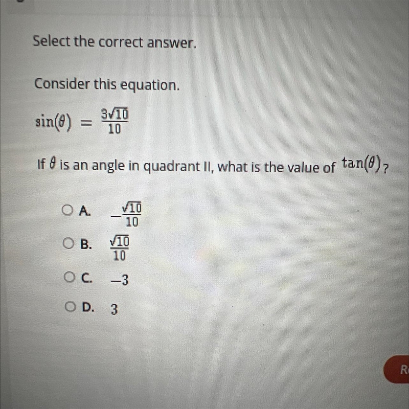 Consider this equation.3V10sin(f)10If 8 is an angle in quadrant Il, what is the value-example-1