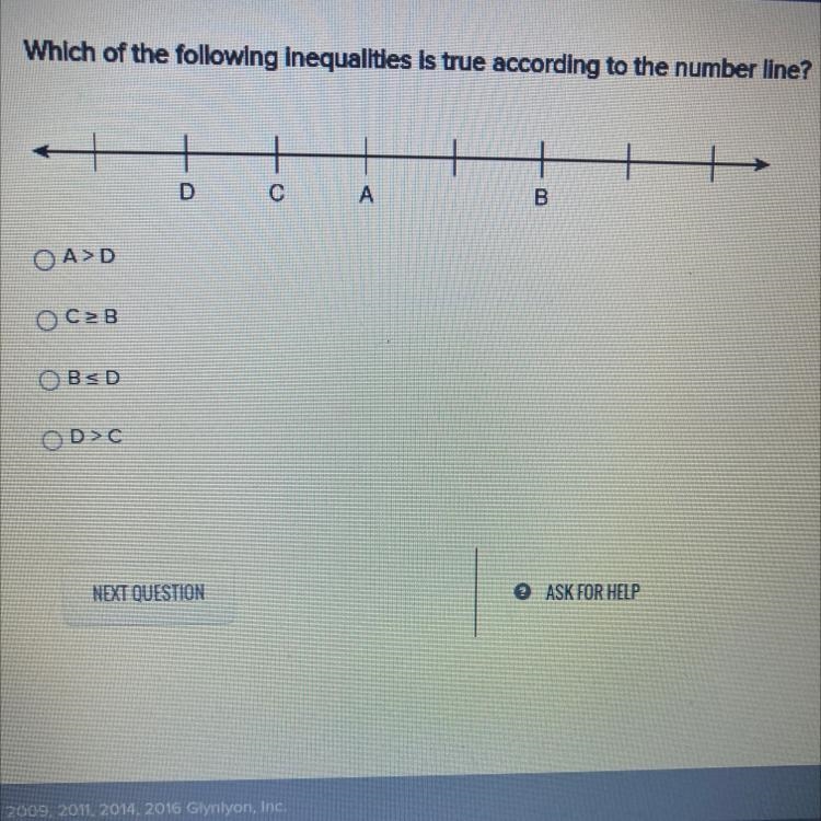 Which of the following inequalities is true according to the number line?DсАBA&gt-example-1