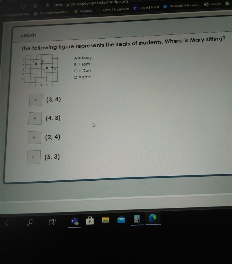 The following figure represents the seats of students. Where is Mary sitting?-example-1