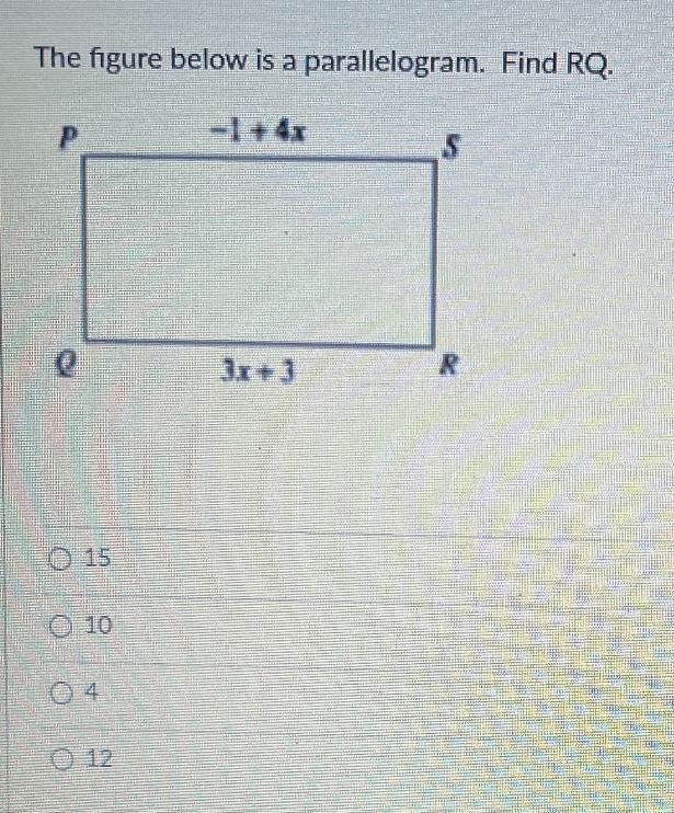 The figure below is a parallelogram. Find RQ.-1+4xPeO 15O 1004O 123x+3SR-example-1