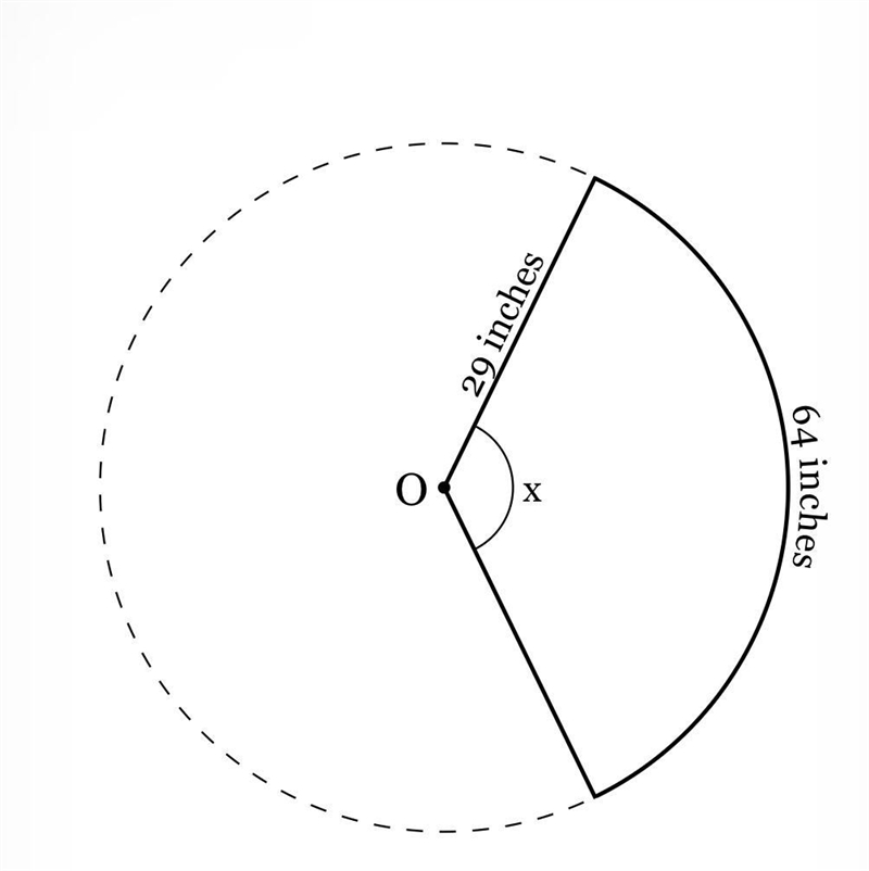 Circle O shown below has a radius of 29 inches. Find, to the nearest tenth of a degree-example-1