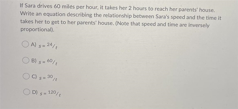 If Sara drives 60 miles per hour, it takes her 2 hours to reach her parents' house-example-1