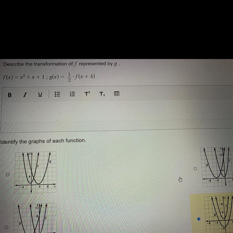 Describe the transformation of f represented by g. f(x) = x² + x + 1; g(x) = -1/2 · f-example-1