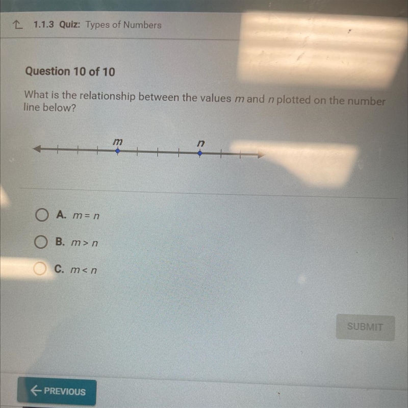 What is the relationship between the values m and n plotted on the number line?-example-1