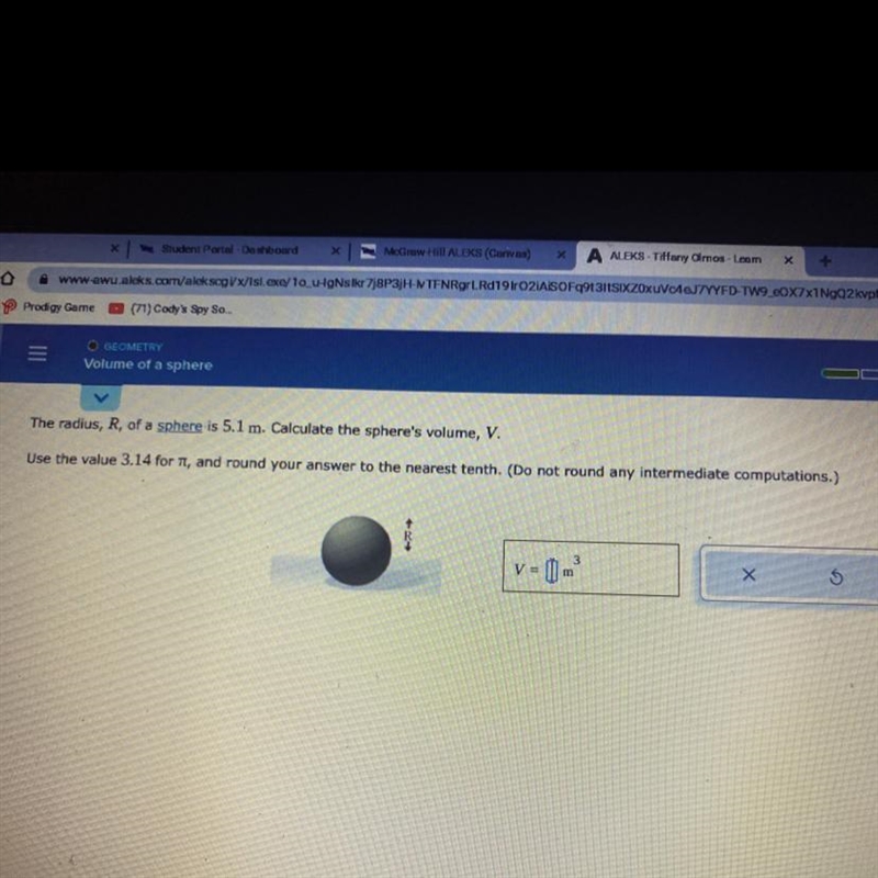 The radius, R, of a sphere is 5.1 m. Calculate the sphere’s volume, V. Use the value-example-1