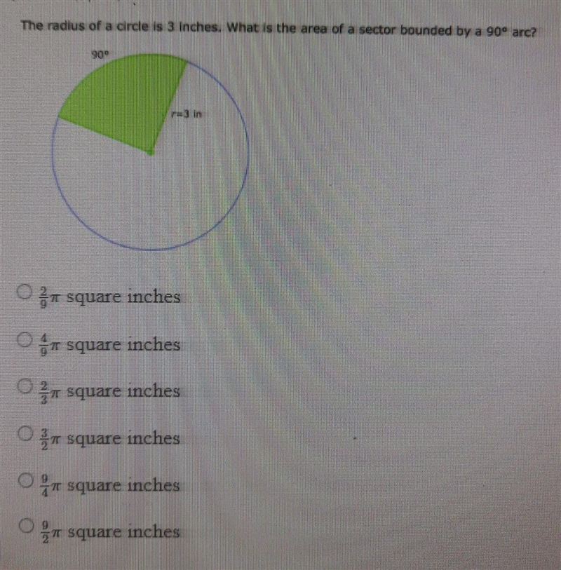 The radius of a circle is 3 inches. what is the area of a sector bounded by a 90° arc-example-1