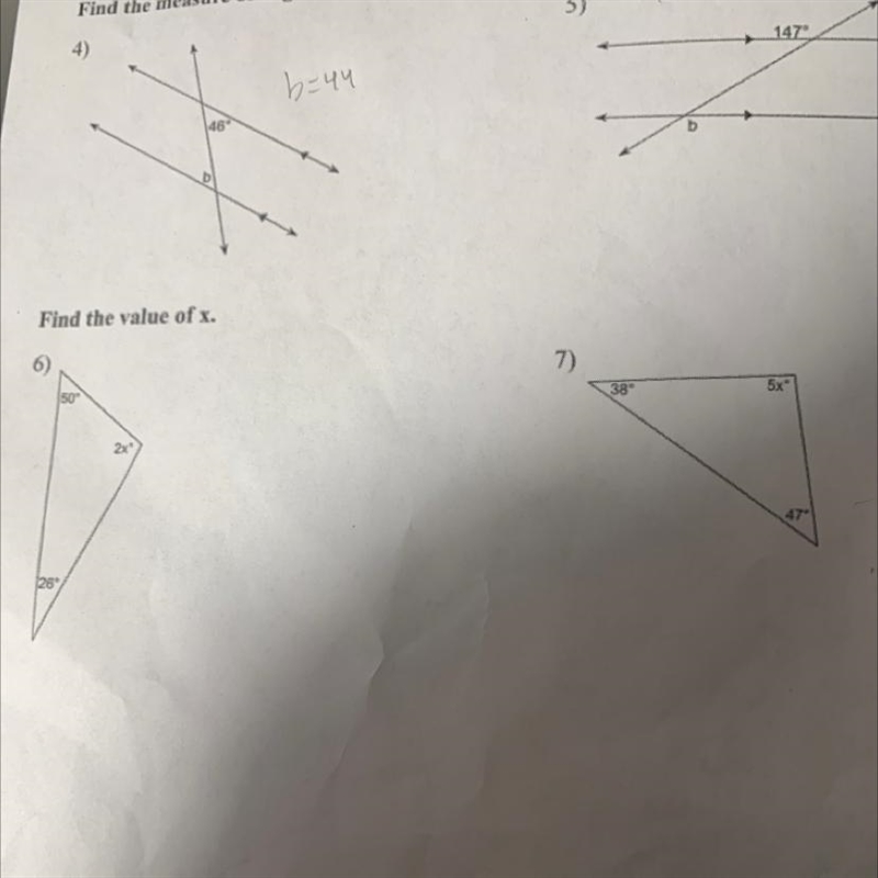 The two on the top say to find the measure of angle b. The two on the bottom say to-example-1