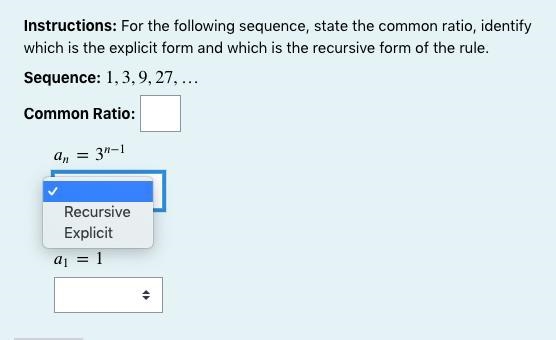 Instructions: For the following sequence, state the common ratio, identify which is-example-1