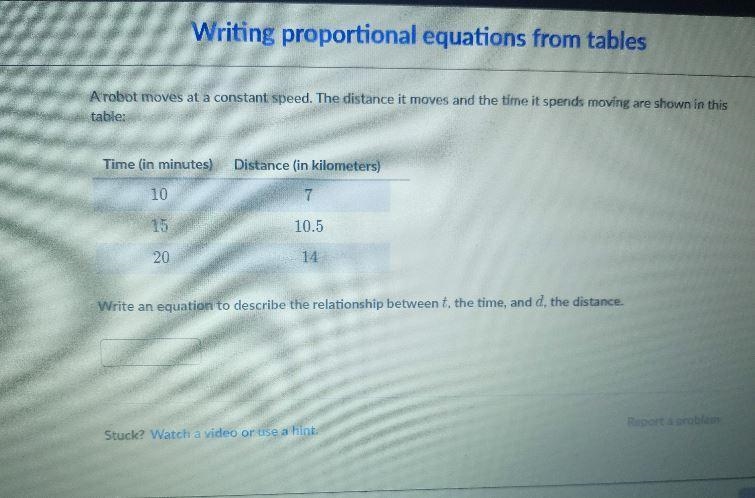 Write an equation to describe the relationship between t the time and d distance-example-1