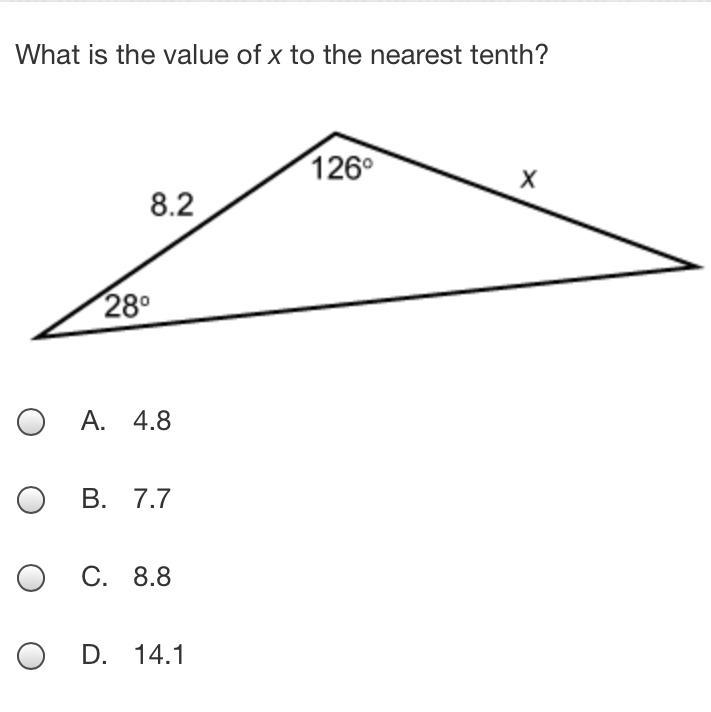 What is the value of x to the nearest tenth?A.4.8B.7.7C.8.8D.14.1-example-1