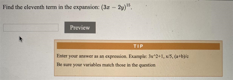 Find the eleventh term in the expansion: (3x – 2y) ^15-example-1