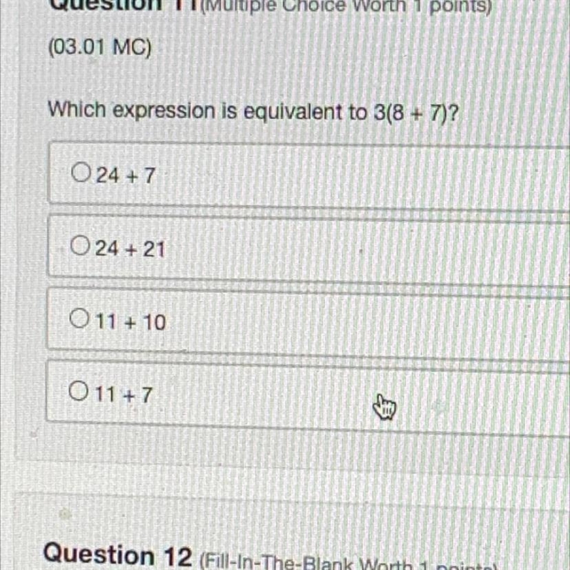 Which expression is equivalent to 3(8 + 7)-example-1